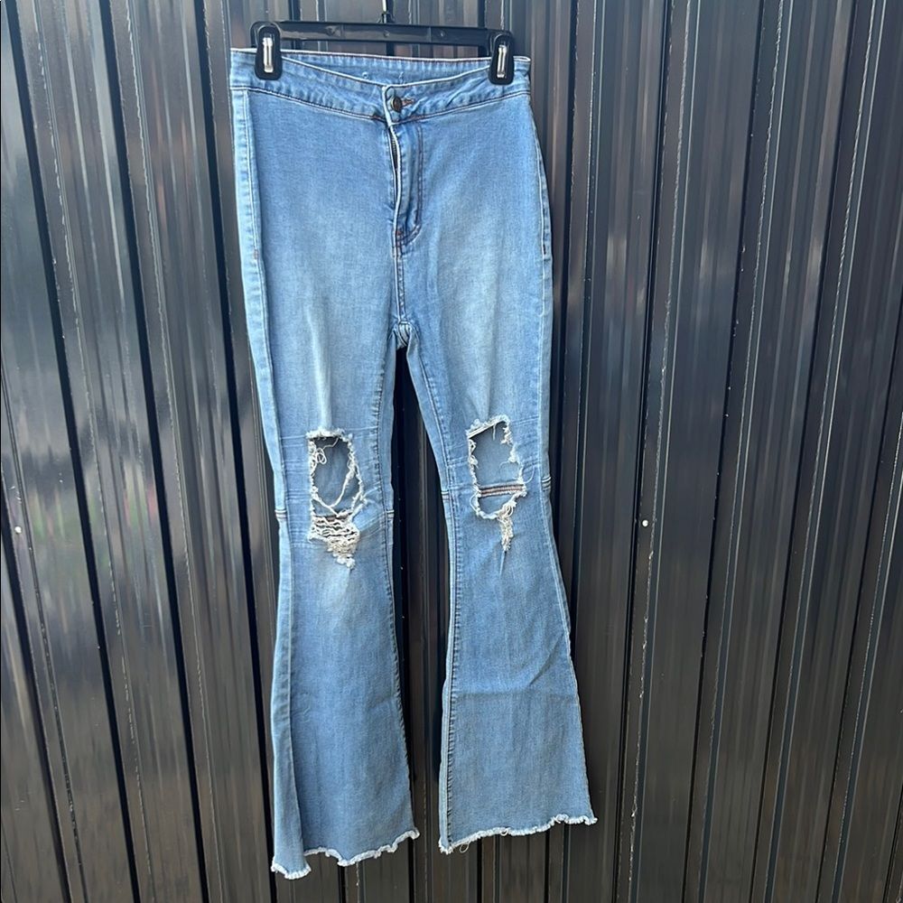 Women's High Rise Distressed Flare Jeans Blue Ripped Bell Bottom Denim Small Y2K